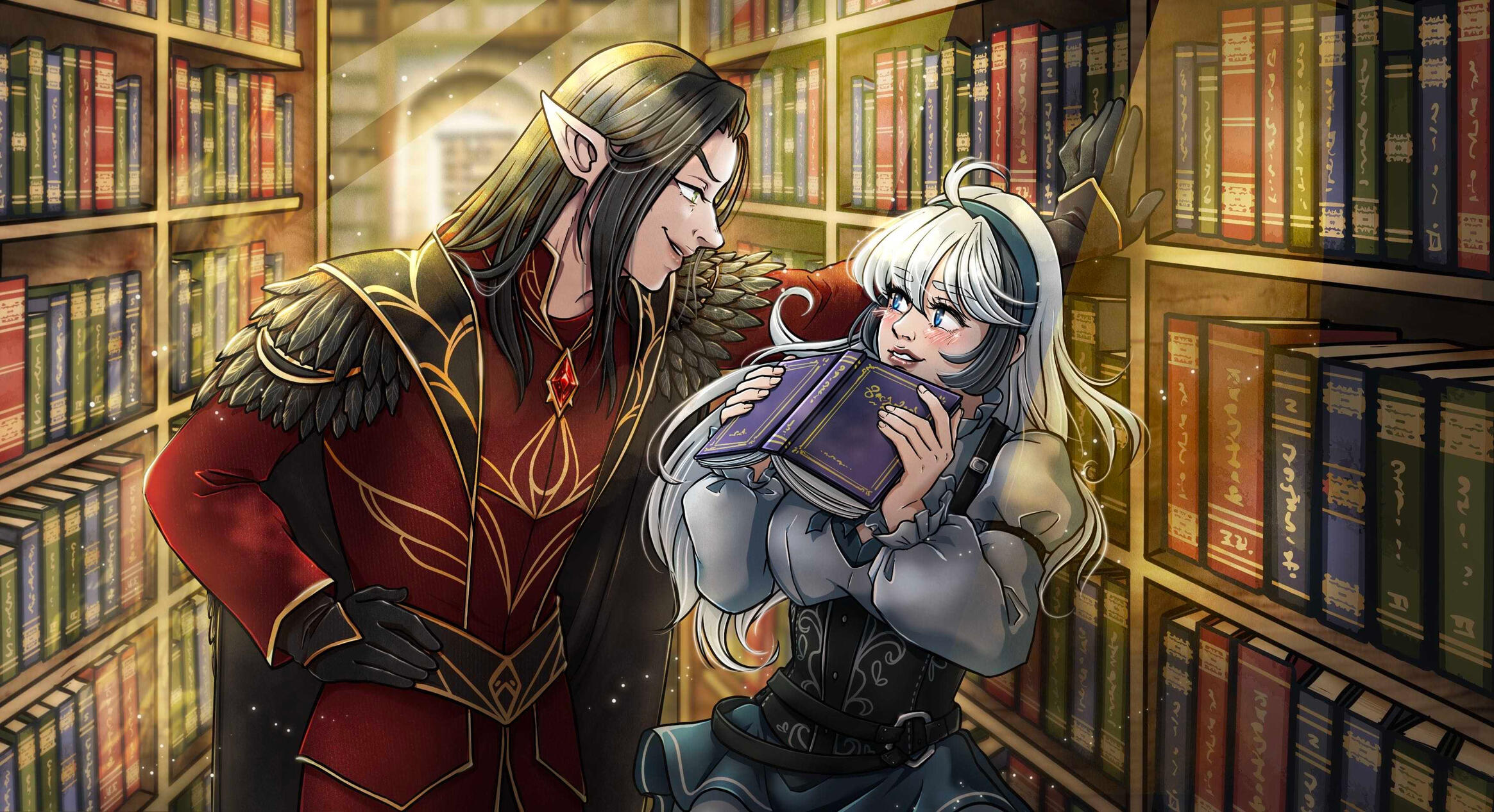 Heartwine and Anwyn Library Rendezvous Art by Featherxcrown